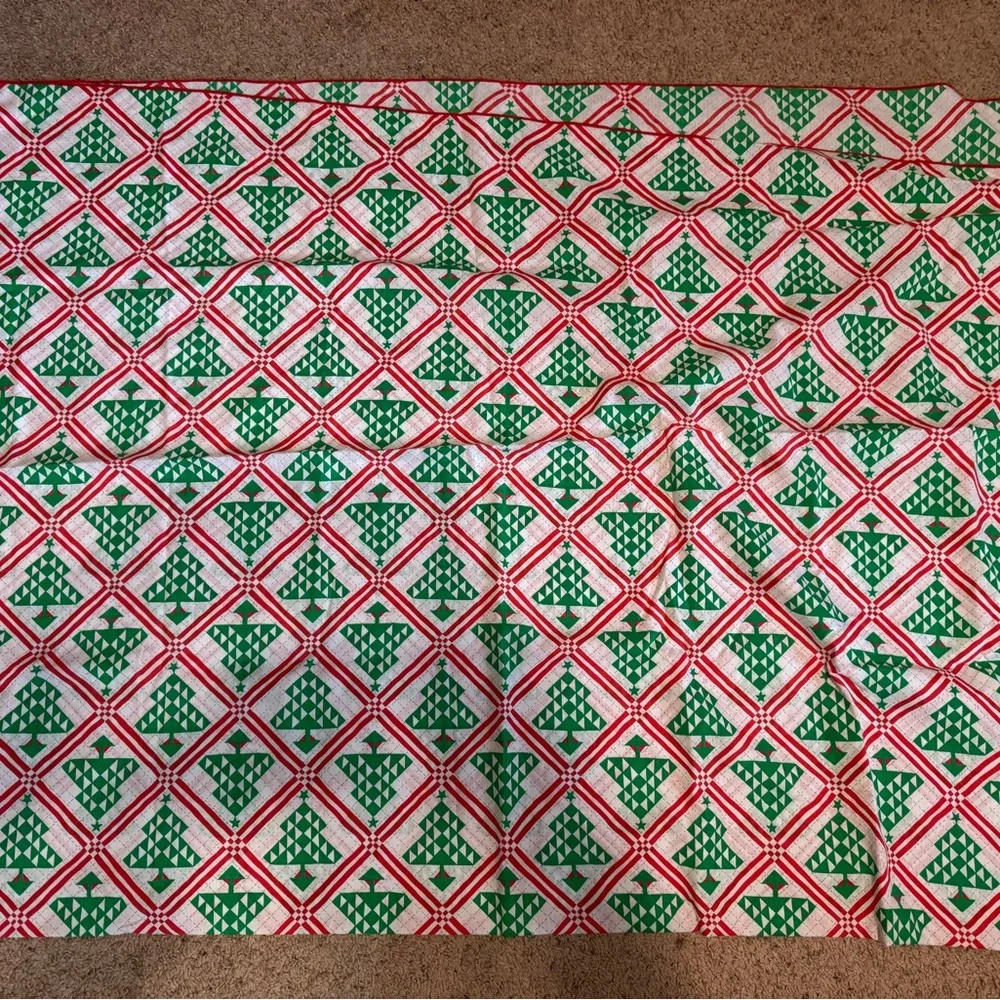 Vintage Hand Sewn Retro Patterned Christmas Tree Tablecloth Holiday Red Green